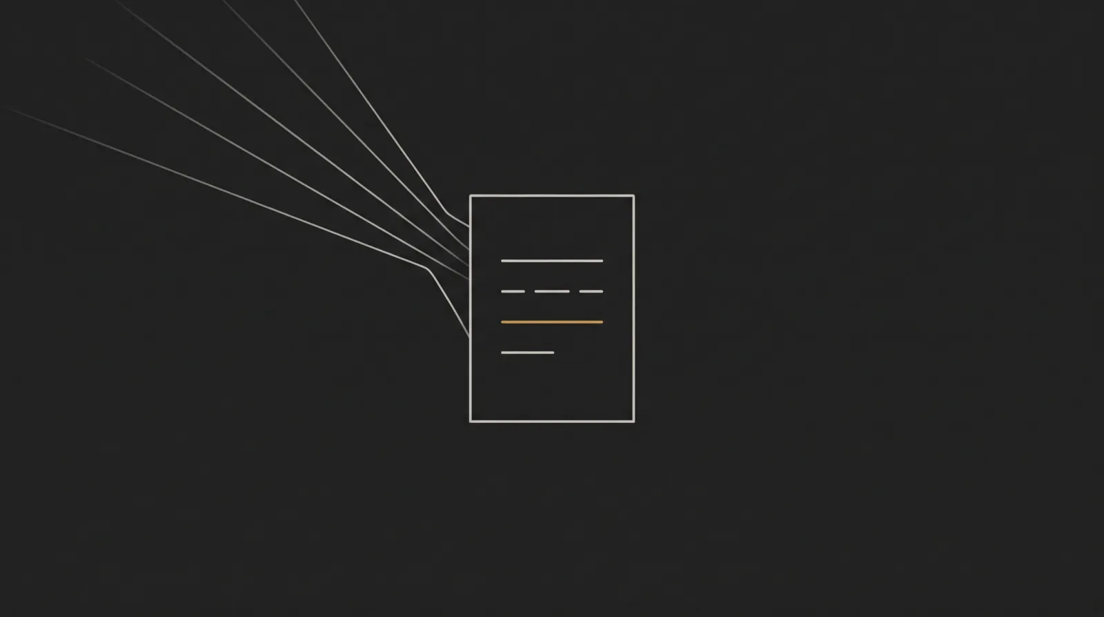 Minimal illustration: four thin lines converging into a single document outline, one line inside it amber