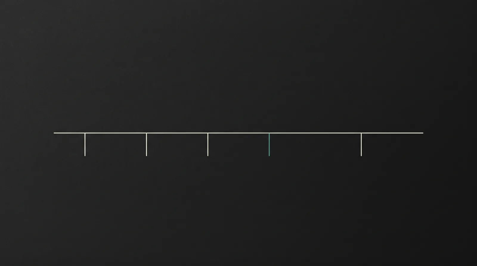 Minimal illustration: a long thin horizontal rule with five short vertical ticks hanging below it, one tick in muted teal