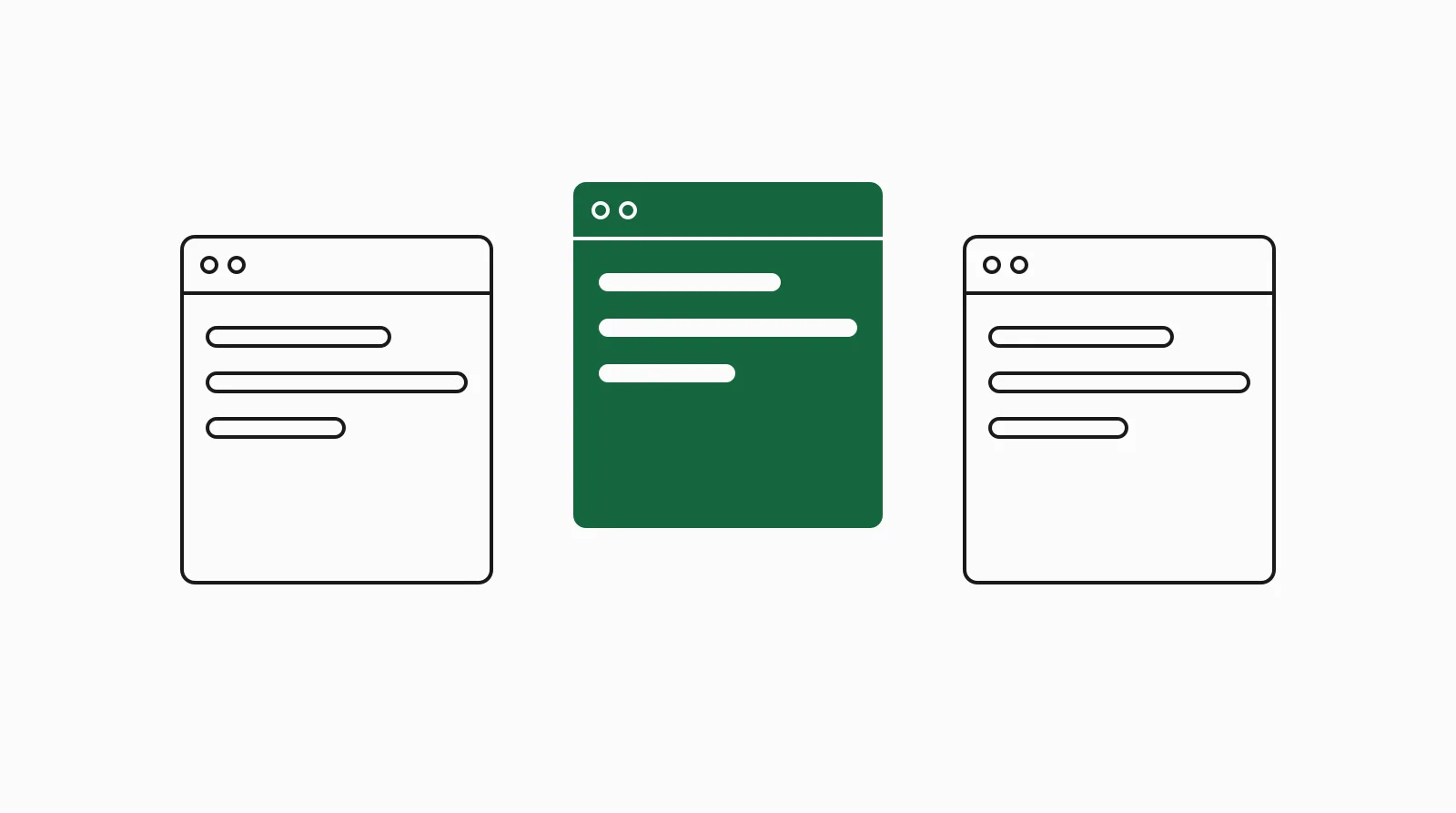 Minimal illustration: three outlined browser frames, one filled forest-green