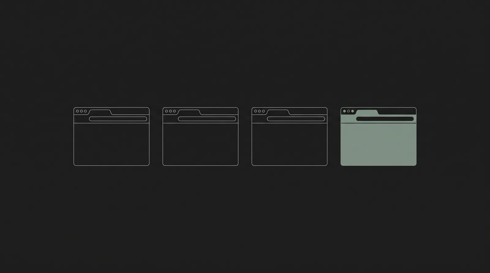 Minimal illustration: four identical browser window outlines, the last filled sage green